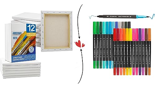 FIXSMITH 12x12 Inch Stretched White Blank Canvas- 8x10 Inch&24 Colored Dual Brush Marker,Bulk Pack of 8,Primed,100% Cotton,5/8 Inch Profile of Super Value Pack for Acrylics,Oils & Other Painting Media
