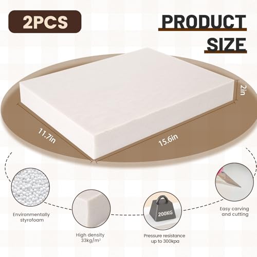 Multi Purpose XPS Foam Board,2 Pack 15.6x11.7X 2in Polystyrene Craft Foam Sheets,Rigid and Easy to Shape,DIY Modeling Art Projects, Party Decoration, Cosplay Prop Production, Carve,Heat Insulation - size: 15.6x11.7x2in-2pcs