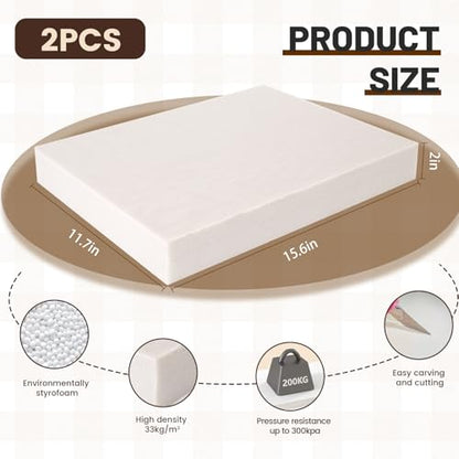 Multi Purpose XPS Foam Board,2 Pack 15.6x11.7X 2in Polystyrene Craft Foam Sheets,Rigid and Easy to Shape,DIY Modeling Art Projects, Party Decoration, Cosplay Prop Production, Carve,Heat Insulation - size: 15.6x11.7x2in-2pcs