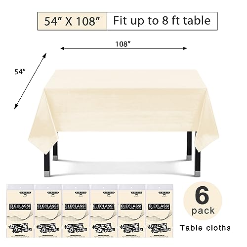 Eleclassi Ivory 6 Pack Premium Disposable Plastic Tablecloth 54 x 108 in - Plastic Table Cloth Disposable Tablecloth for Rectangle Table Up to 8 Feet - color: Ivory
