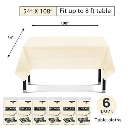 Eleclassi Ivory 6 Pack Premium Disposable Plastic Tablecloth 54 x 108 in - Plastic Table Cloth Disposable Tablecloth for Rectangle Table Up to 8 Feet - color: Ivory