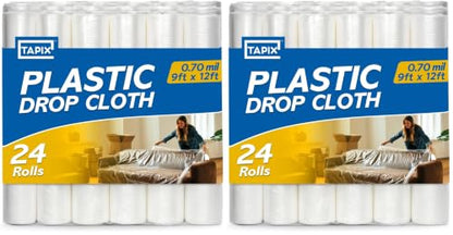 12 x 9 Ft Drop Cloths (48-Pack) – Plastic Sheeting & Painters Plastic Tarps for Painting, Waterproof Floor & Furniture Protection - size: 48 Pack