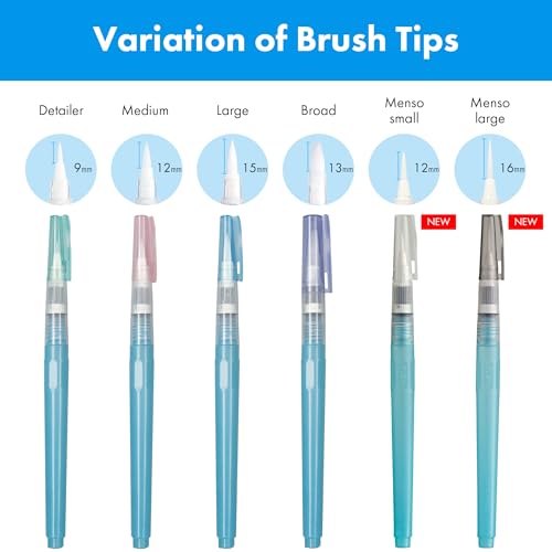 Kuretake Zig Water Brush Pen BRUSHS2O Long 6 Variety Set, for Watercolor Paint, Fude, Flat, Menso, Flexible Tips Assorted, for Professional, Artists, Made in Japan - style: 6 variety set