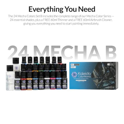 Gaahleri Kaleido Water-Based Acrylic Airbrush Paint Kit 24Mecha Color Set B | Pre-Thinned, High Gloss, Fast-Drying, with Thinner & Cleaner - color: 24 Mecha Colors Set B