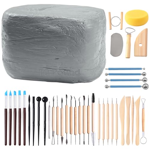 ReArt Natural Air-Dry Modeling Clay - 10LBs with 40 Pcs Pottery Sculpting Tool Set, All-Purpose Clay (Gray) - color: Gray