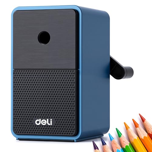 Deli Manual Pencil Sharpener, Deep Blue | Auto-in Hand Crank Pencil Sharpener with Adjustable Point for Colored Pencils, Students, Kids, Classroom, Home, Office - color: Deep Blue