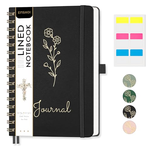 EMSHOI Lined Spiral Journal Notebook, 140 Numbered Pages, A5 (5.7" x 8.2") - color: Black, style: A5 Lined