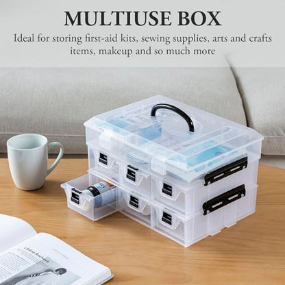 MyGift 11 Inch Clear Plastic Storage Box Container, Arts and Crafts Sewing Supplies Organizer Case with Black Accents, 24 Customizable Compartments, and 6 Drawers with Removable Dividers | Sewing Supplies Organizer Case with Black Accents, 24 Customizable