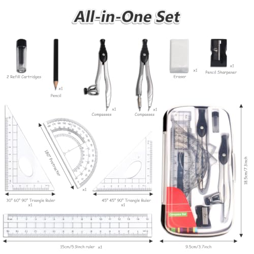 SAYEEC Geometry Set, 10 Pcs Math Protractor Compasses Kit with Ruler, Triangles, Eraser, Sharpener, Lead Refills, Pencil, Storage Box, Drafting Drawing Tools for Architects Engineers Artists