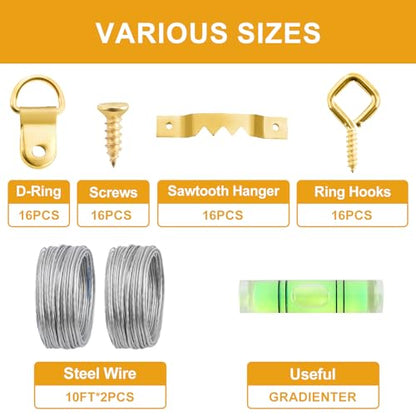 303Pcs Picture Hanging Kit, Picture Hangers Assorted Kit with Heavy Duty Picture Hanging Hooks/Hardware Nails/Sawtooth/Wire/D Rings/Level, Metal Picture Wall Hooks for Frame Canvas Mounting - size: Gold