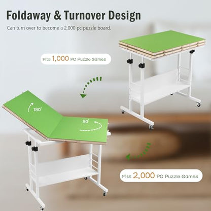 Tektalk 2000 Piece Foldable Puzzle Board with Height Adjustment, Jigsaw Puzzle Table with 2 Felt Cover & 8 Sorting Trays/Drawers, Puzzle Easel with Legs, Enclosed with 4 Roller Wheels (Green) - color: Green