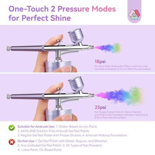 SAVILAND 7-in-1 Nail Airbrush Kit with Airbrush Gels & Cleaner Tools | Clog-Free Airbrush Gun with 6 Pink Gels, Cleaner, & Stencils, Instantly Atomizes for Flawless Aura & Ombre Nails - color: black, white, pink, nude