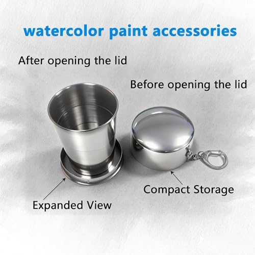 304 Stainless Steel Collapsible Paint Brush Washer- Portable Watercolor Water Cup with Keychain, Solvent Safe Metal Foldable Painting Cup for Travel, Plein Air, Oil & Acrylic Art Supplies (2)