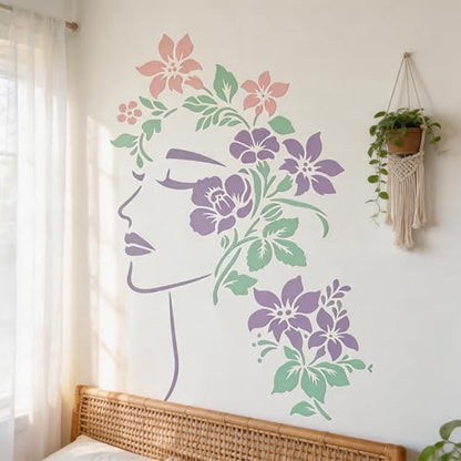 TIAMECH A4 Reusable Floral Woman Face Stencil for Painting | Elegant Lady Profile Layering Template, DIY Wall Art, Wood Furniture, Scrapbook & Crafts (8.3x11.7inch) - style: Floral Woman Face