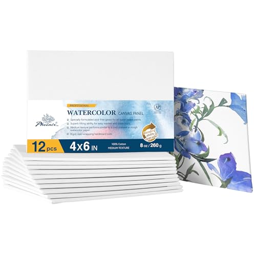 PHOENIX Watercolor Canvases for Painting - 4x6 Inch/12 Pack, 100% Cotton Water Color Small Canvas Panels, 8 Oz. / 260g White Blank Medium Texture Flat Canvases for Water Based Paints - size: 4"x6"/ 12 Pack, style: Canvas Panel