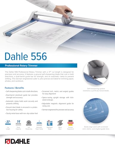 Dahle 556 Professional Rotary Trimmer, 37" Cut Length, 14 Sheet Capacity, Self-Sharpening, Dual Guide Bar, Automatic Clamp, German Engineered Paper Cutter - size: 37" Cut Length