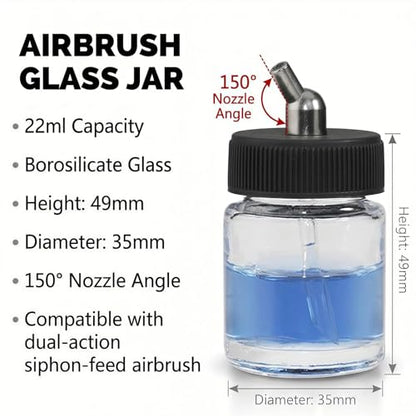 10pk 0.75oz Glass Airbrush Bottles, 30° Siphon with Silicone Caps | 10 glass jars with 30° siphon adapter, 10 silicone caps seal paint & block dust, fits Iwata/Master/Badger,easy-clean bulk set - size: G2P