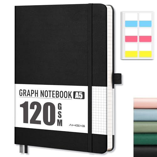 AHGXG Graph Paper Notebook, 120 GSM Paper, 160 Pages, A5 (5.7'' X 8.3'') - color: Black, style: A5-Grid-120G