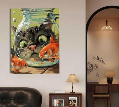 Fairyland JinWenn Curious Cat Fish Paint by Numbers Kit for Adults Framed Canvas Frameworkless - color: YH04413