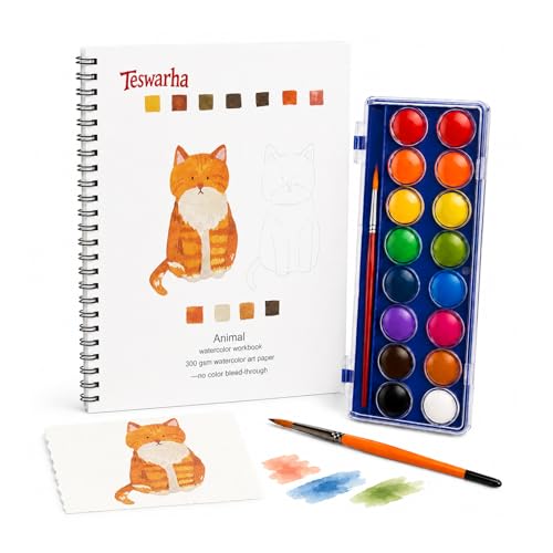 Teswarha Animals Watercolor Workbook With12 Sheets 300GSM Art Paper 16 Colors Watercolor Paint Set with 2 Watercolor Brushes Water Coloring Book Kit for Adults Teens 8.2 x 9.8in - color: Green