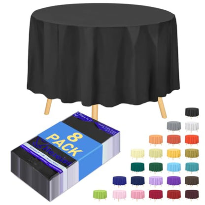 8-Pack Black Disposable Plastic Tablecloths Round 84 Inch Diameter - Heavy Duty Waterproof Party Table Covers for Weddings, Banquets & Events - color: Fa1 - Black, size: 8 PACK | Round | 84 Inch