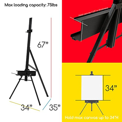 MEEDEN Aluminum Easel Stand for Painting: Portable Art Tripod | Art Standing Paint Floor Easel for Artist with Swing-Out Palette Holder & Brush Rest, Holds Canvas up to 34" - size: 67" High