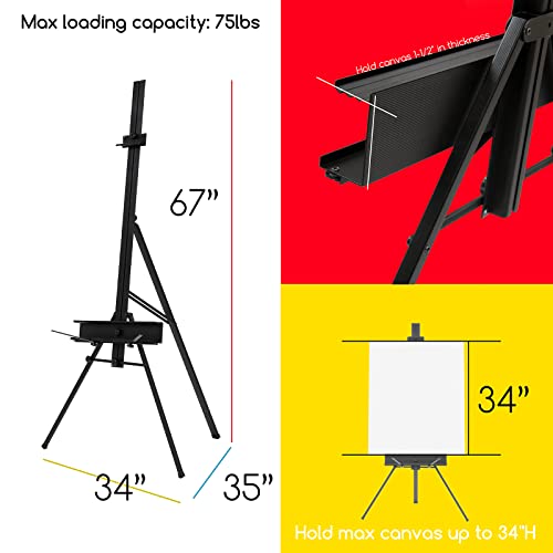 MEEDEN Aluminum Easel Stand for Painting: Portable Art Tripod | Art Standing Paint Floor Easel for Artist with Swing-Out Palette Holder & Brush Rest, Holds Canvas up to 34" - size: 67" High