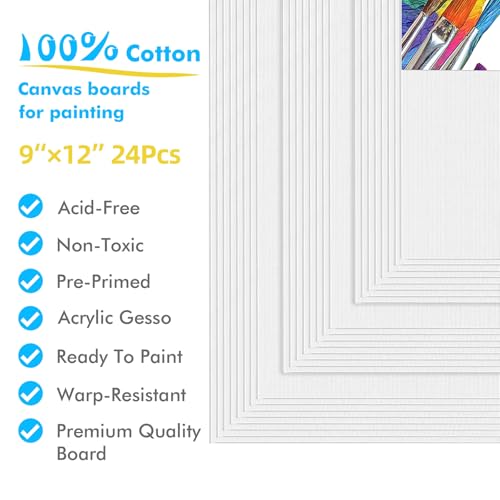 Canvas for Painting, 24pcs 9x12 Primed Bulk Painting Canvas Board | for Kids and Adults, White Blank Canvas Panels for Acrylic Paint, Oil, Pour Art Supplies - size: 9x12 inch