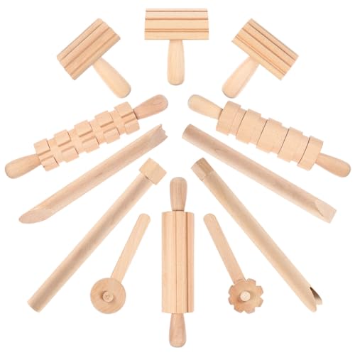 NUOBESTY Wooden Clay Tools Kids Wood Stamps Hand Rollers Plasticine Tools Pottery Molding Clay Accessories for Art DIY Crafts Activities 12pcs