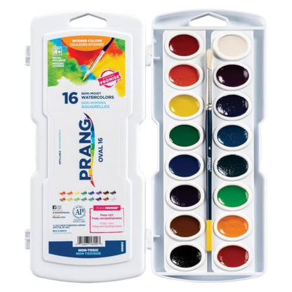 Prang Semi-Moist Watercolors 16-Color Oval Pan Set, Pack of 6 | Refillable, Wax-Free Pigments, Mixing Tray in Lid, Size 6 Paintbrush Included - style: 16 Count (Pack of 6)
