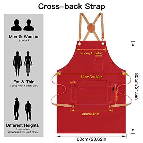 Genixart Chef Apron Men Women, Kitchen Aprons Cooking, BBQ - Red | Box Packed, Cotton Canvas, Cafe, Bar, Workshop, Restaurant, Water & Oil Stain Resistant, Cross Back Adjustable, Large Pockets - color: Red