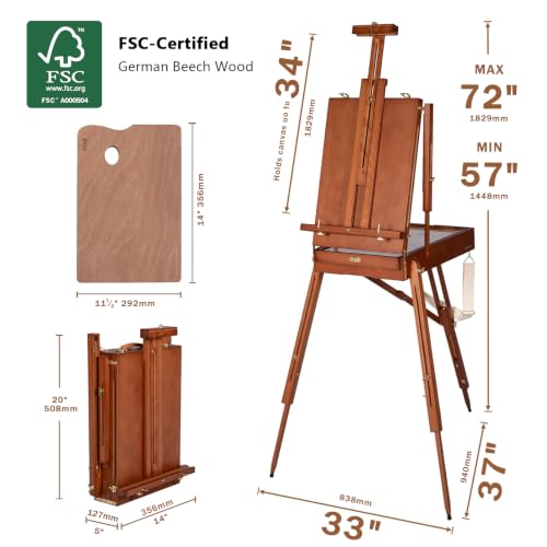 DJAR French Easel with Shoulder Strap, Adjustable Beech Wood Art Easel with Drawer, Palette, Level Instrument & Scale Leg, Studio Tabletop Floor Easel for Artists, Hold Canvas up to 34", Walnut - style: Walnut French Easel