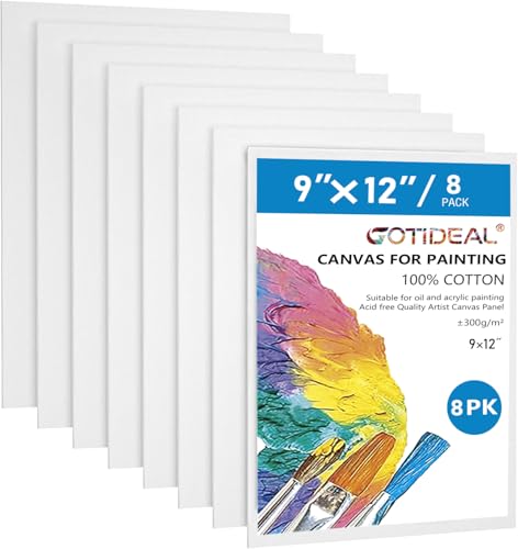GOTIDEAL Canvases for Painting, 9x12 inch of 8 Pack, 100% Cotton | Professional Primed White Blank Flat Canvas Panels, Artist Canvas Boards for Acrylics Painting, Oil Watercolor Tempera - size: 9"x12"