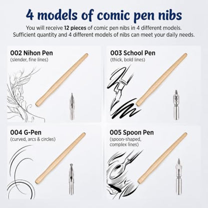 Styquenzer Dip Pen Nibs with Wooden Drawing Pens Holder 10 Pcs | Calligraphy Dip Pen Nibs Holders with Stainless Steel Nib Dip-Pens for Writing, Painting, Signing