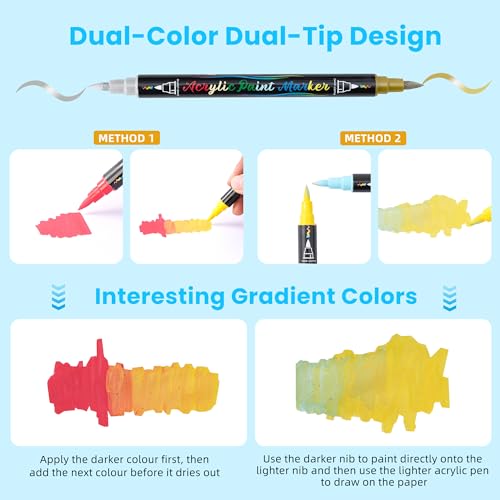 36 Colors Acrylic Paint Markers,18 Pack Dual-Color Acrylic Paint Pens with Brush Tip Contain 2 Metallic Colors for Rock Painting,Egg,Wood,Glass,Canvas,Fabric,Ceramic,Crafts,Art Supplies (36 Colors) - color: 36 Colors