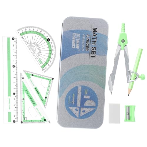 Compass Geometry Tool 9 Pcs Protractor and Compass Set Geometry Set Drawing Compass with Shatterproof Storage Box Includes Rulers Protractor Compass Eraser Pencil Sharpener Green