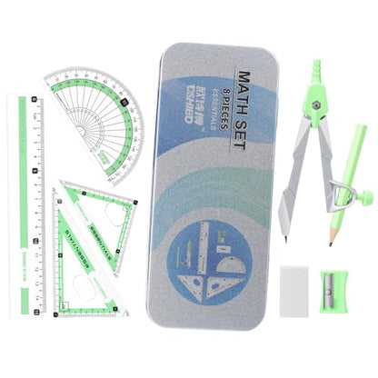 Compass Geometry Tool 9 Pcs Protractor and Compass Set Geometry Set Drawing Compass with Shatterproof Storage Box Includes Rulers Protractor Compass Eraser Pencil Sharpener Green