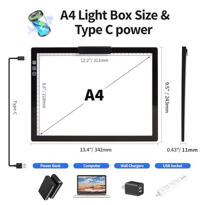 Rechargeable A4 Light Pad with Carry Bag & Stand,Ultra Thin Light Table with Clip,6 Levels of Brightness Light Box for tracing,Diamond Painting.led Light Board for Artists,Drawing,Sketching,Animation - style: A4 With Bag Rechargeable