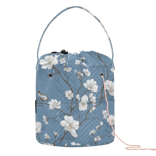 Blue Floral Butterfly Yarn Bag Small Crochet Bag Drawstring Yarn Storage Organizer Knitting Project Bags Potable Yarn Holder with Holes Handle Crocheting Needles Knitting Accessories - color: Blue Floral Butterfly