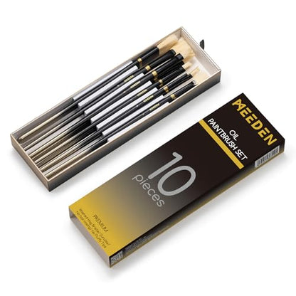 MEEDEN Oil Paint Brush Set: 10 Pcs Hog Bristle Paint Brushes with Wood Long Handle - Artist Paint Brush Set for Adults Beginners - Perfect for Oil Acrylic Canvas Painting
