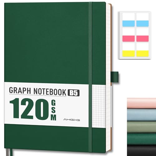 AHGXG Graph Paper Notebook, 120 GSM Paper, 96 Pages, B5 (7.6'' X 10'') - color: Dark Green, style: B5-Grid-120G