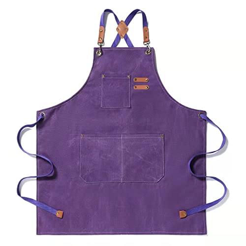 Tosewever Canvas Cross Back Chef Cotton Aprons for Men Women with Large Pockets - color: Purple