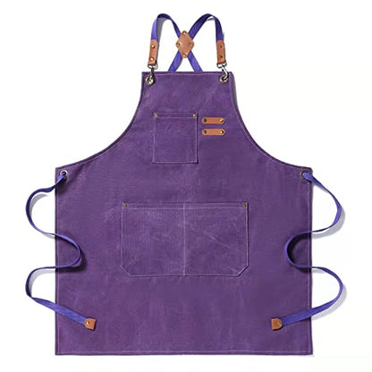 Tosewever Canvas Cross Back Chef Cotton Aprons for Men Women with Large Pockets - color: Purple
