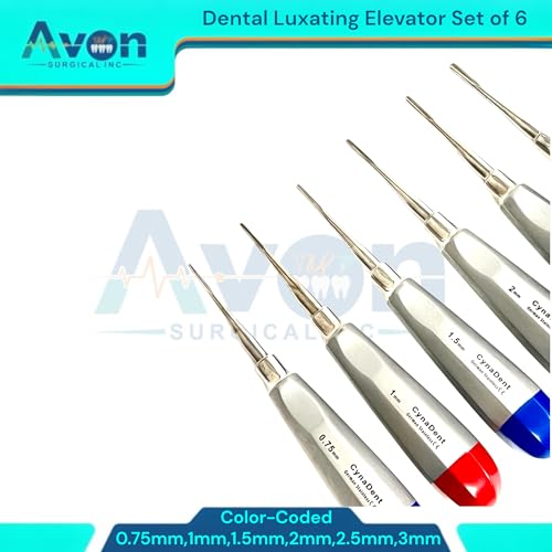 Color-Coded Dental Root Elevator Picks, Straight, 0.75mm, 1mm, 1.5mm, 2mm, 2.5mm, 3mm | Autoclave-Safe German Stainless Steel | 6PCS Bundle