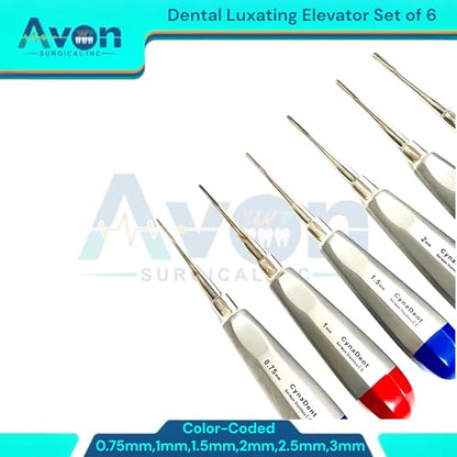 Color-Coded Dental Root Elevator Picks, Straight, 0.75mm, 1mm, 1.5mm, 2mm, 2.5mm, 3mm | Autoclave-Safe German Stainless Steel | 6PCS Bundle