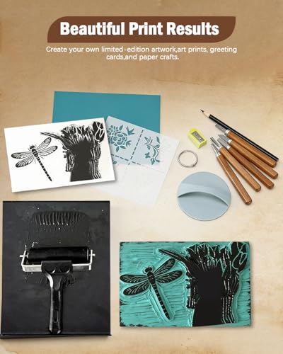 UCEC 38Pcs Linocut Kit with 12 Carving Tools, Brayer, Baren & Lino Blocks - color: Block Printing Kit-38 Pack