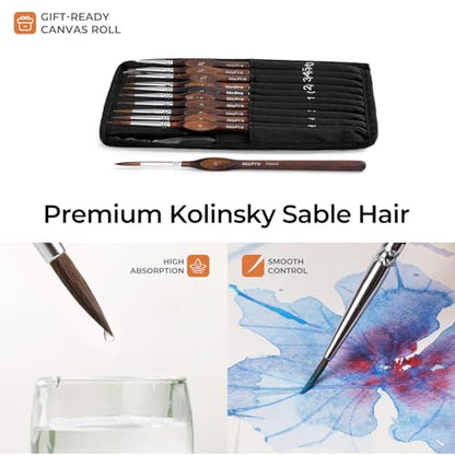 Nicpro 11 PCS Kolinsky Sable Miniature Paint Brushes with Cloth Roll | Professional Fine Detail Paint Brushes, Round Point Brush Set for Miniatures, Acrylic & Figures, Model, Watercolor Details - size: 11 PCS