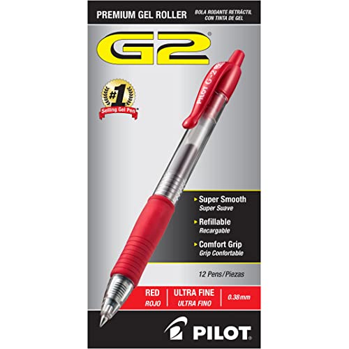 PILOT G2 Gel Roller Pens, Ultra Fine Point 0.38 mm, Red Pens, Pack of 12 - color: Red Ink, size: 12 Count (Pack of 1)