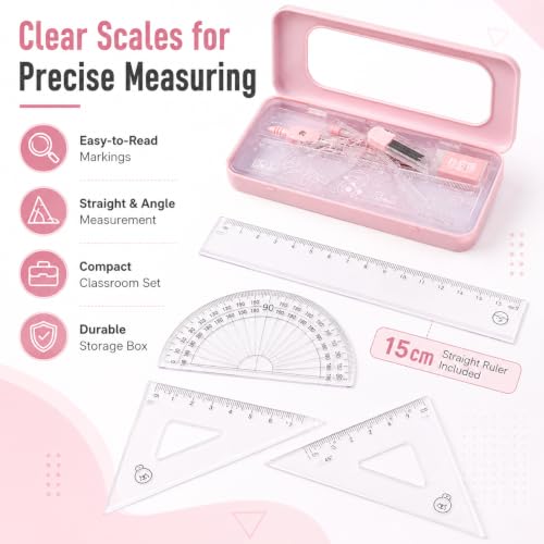 7Pcs Pink Geometry Math Drawing Set with Compass, Protractor, Rulers, Drafting Tools in Portable Box for Students