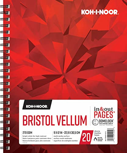 Koh-I-Noor 9" x 12" Bristol Vellum Bright White Paper Pad with In and Out Pages, 270 GSM, Side Wire-Bound, 20 Sheets per Pad (26170401013) - color: Vellum Bright White, size: 9 x 12 Inches